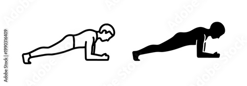 Man performing forearm plank exercise icon set