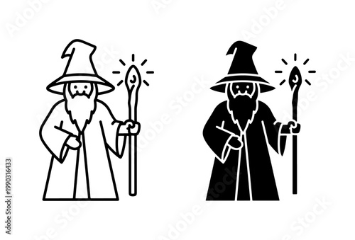 Wizard holding magical staff line art and silhouette icons