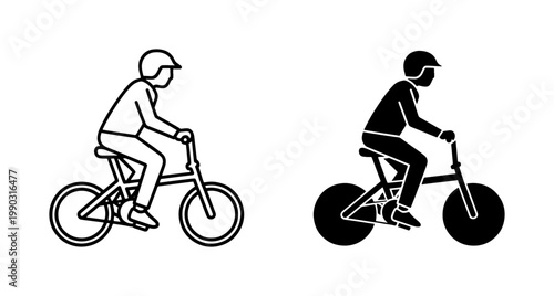 Cyclist riding small folding bicycle icon set