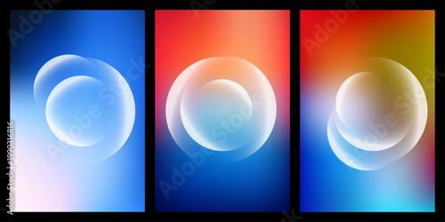 A colorful graphic design featuring three gradient backgrounds with white bubbles