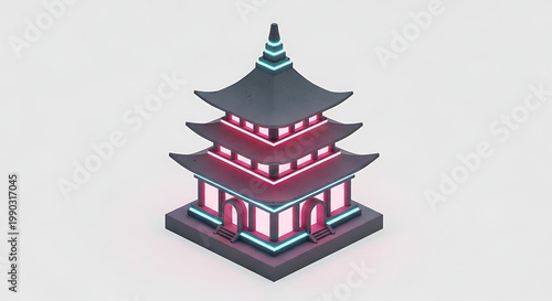 Isometric pixel art of a traditional East Asian pagoda building with glowing neon blue and pink lights, retro digital aesthetic, 8-bit style illustration
