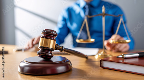 A lawyer's desk with a gavel, scale, and notebook, symbolizing justice and law.