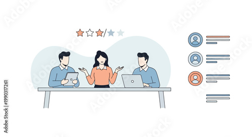 Business professionals working together at a desk while evaluating team performance and giving feedback to their colleagues