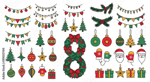 Festive holiday collection featuring decorative elements like ornaments wreaths garlands stars mittens gifts and santa claus faces
