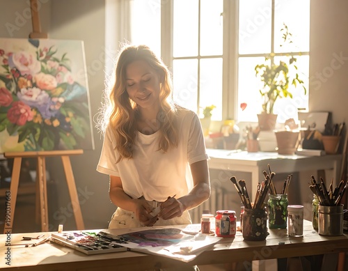 A woman stands by a table with art supplies
