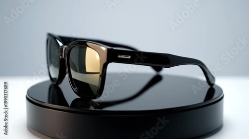 Black sunglasses with reflective lenses on a sleek display. Modern eyewear offers UV protection, delivering a stylish look for contemporary fashion