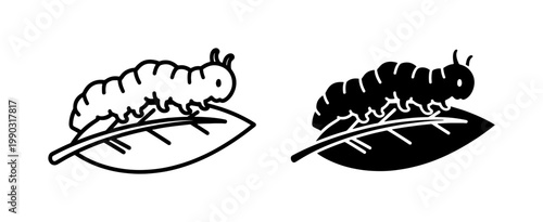 Caterpillar on Leaf Outline and Silhouette Icon Set