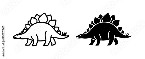 Stegosaurus Dinosaur Outline and Black Silhouette Icon Set