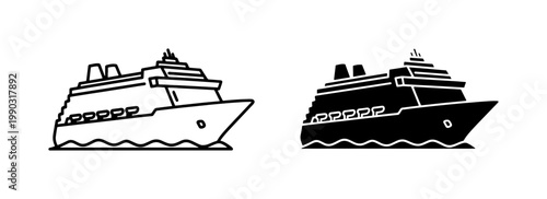 Cruise ship icon set in outline and silhouette style