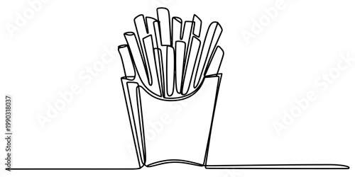 A single continuous line drawing of a portion of delicious golden french fries in a paper carton Vector, illustration