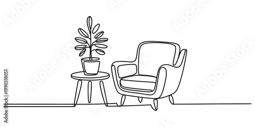 Minimalist continuous line art illustration of a cozy armchair next to a small potted houseplant Vector, illustration