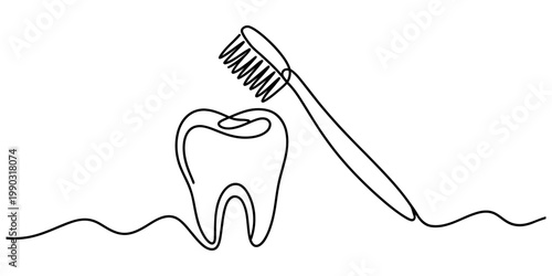 A single continuous line drawing of a tooth and a toothbrush representing dental hygiene care Vector, illustration