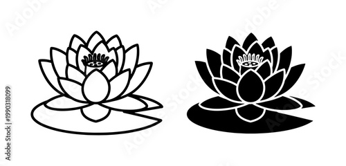 Lotus flower outline and black silhouette icons