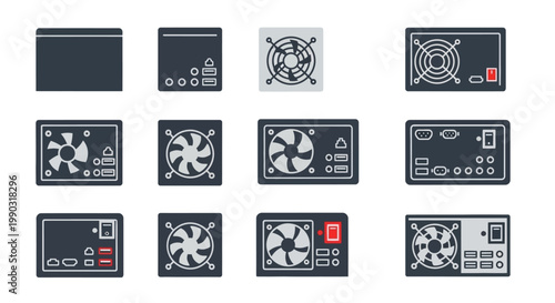 Computer Hardware Components Set, Power Supply and Cooling Fans, Flat Icons on Isolated White Background