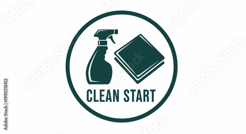 Circular Logo with "Clean Start" Text Featuring a Spray Bottle and Cleaning Cloth on Isolated White Background