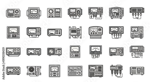 Extensive Collection of Electronic Test Equipment and Radio Communication Devices Line Icons on Isolated White Background