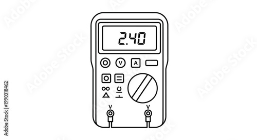 Outline Icon of a Digital Multimeter with Voltage Reading on Display on Isolated White Background