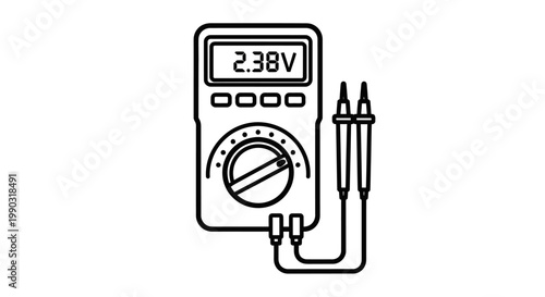 Outline Icon of a Digital Multimeter Displaying Voltage Reading with Probes on Isolated White Background