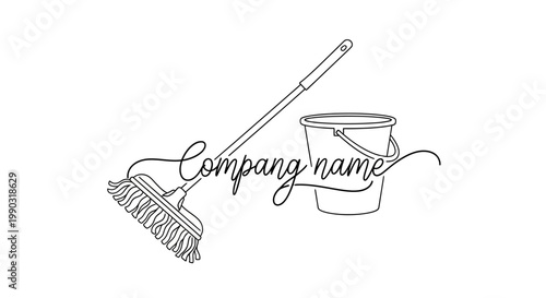 Mop and Bucket with Company Name Text for Cleaning Service, Isolated White Background