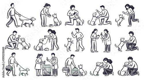 A collection of hand-drawn illustrations depicting various interactions between people and dogs, including training, grooming, and veterinary care.