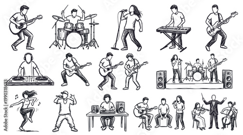 Collection of hand-drawn illustrations depicting various musicians and musical activities, including solo performers, bands, and DJs.