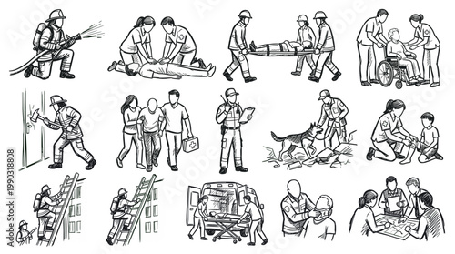 Collage of illustrations depicting emergency response, rescue, and medical assistance scenarios.
