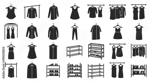 Comprehensive Set of Black Glyph Icons Featuring Various Clothing Items and Wardrobe Storage on Isolated White Background