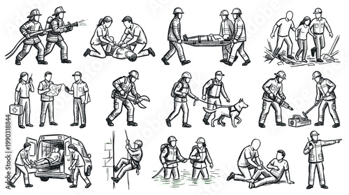 A collection of line drawings depicting various rescue and emergency response scenarios involving firefighters, medical personnel, and search and rescue teams.
