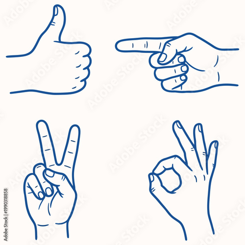 Four different hand gestures on for various expressions