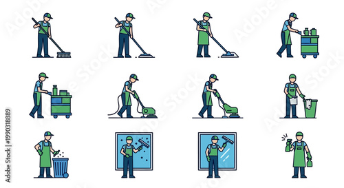 Set of Male Cleaning Professionals Performing Various Housekeeping Tasks Colored Icons on Isolated White Background