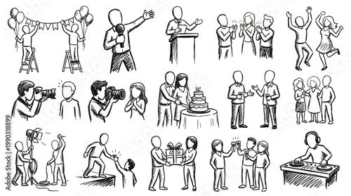 A collection of hand-drawn sketches depicting various social gatherings, celebrations, and professional events.