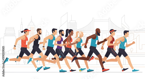Flat 2D vector of group of runners marathon race, diverse characters, dynamic motion pose, urban city background, clean geometric shapes, modern flat style