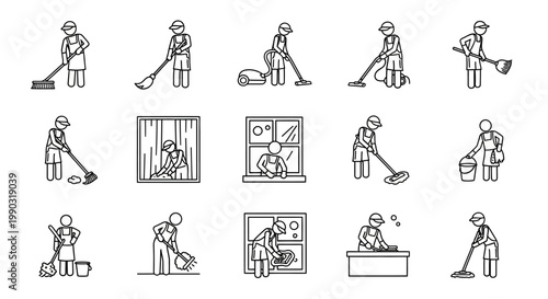 Cleaning Activities Line Icon Set, Stick Figures Performing Household Chores, Sweeping, Vacuuming, Mopping, Window Cleaning, isolated white background