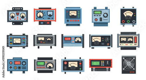 Electronic Measuring Instruments Collection, Vintage Style Test Equipment and Audio Devices Set, in Bright Studio Background