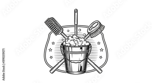 Cleaning Supplies Emblem, Bucket with Soap Suds, Scrub Brush, and Broom, Vintage Style on Isolated White Background