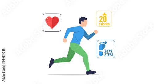 Flat vector of running activity tracking concept, runner with smartwatch, UI elements, fitness dashboard, clean tech style