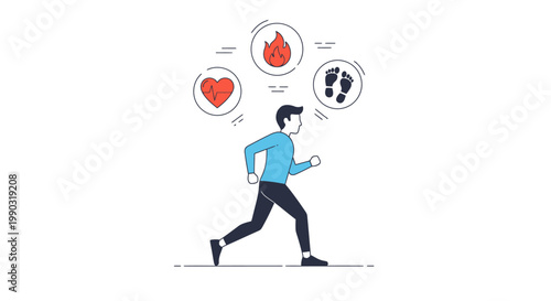 Flat vector of running activity tracking concept, runner with smartwatch, UI elements, fitness dashboard, clean tech style