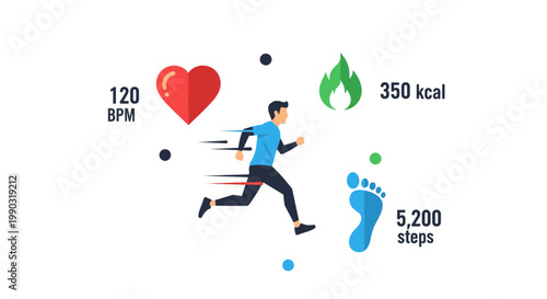 Flat vector of running activity tracking concept, runner with smartwatch, UI elements, fitness dashboard, clean tech style