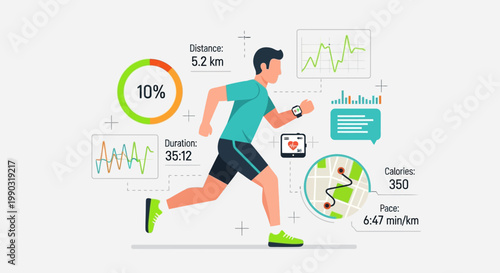 Flat vector of running activity tracking concept, runner with smartwatch, UI elements, fitness dashboard, clean tech style