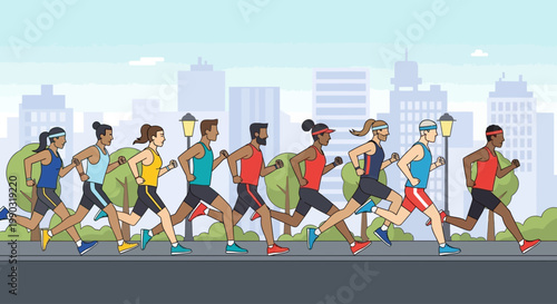 Flat 2D vector of group of runners marathon race, diverse characters, dynamic motion pose, urban city background, clean geometric shapes, modern flat style