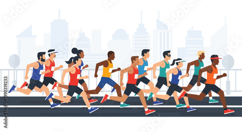 Flat 2D vector of group of runners marathon race, diverse characters, dynamic motion pose, urban city background, clean geometric shapes, modern flat style