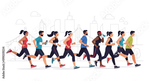 Flat 2D vector of group of runners marathon race, diverse characters, dynamic motion pose, urban city background, clean geometric shapes, modern flat style