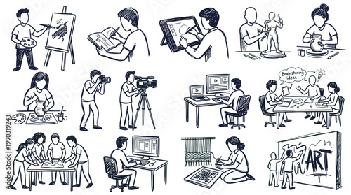 A collection of hand-drawn illustrations depicting various artistic activities and creative pursuits.