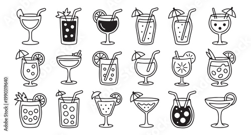 Group of twenty one black and white cocktail icons representing diverse alcoholic beverages.
