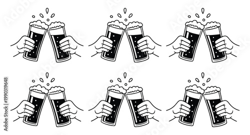 Six pairs of hands toasting with glasses of dark beer on a celebratory occasion.