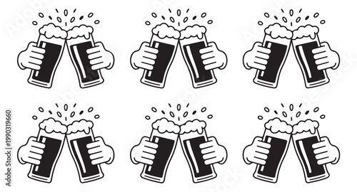 Six pairs of hands clinking glasses of dark beer in a celebratory toast.