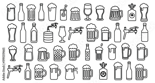 Beer icons collection including glasses bottles mugs and kegs in simple black line style.