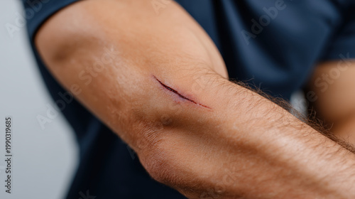 Injured arm with cut wound on elbow skin close up