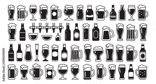 Black and white beer icons featuring various glass shapes and beverage containers symbols.