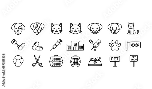 Pet thin line icon vector set with dog cat veterinary clinic and pet shop symbols in minimal outline stylePet 